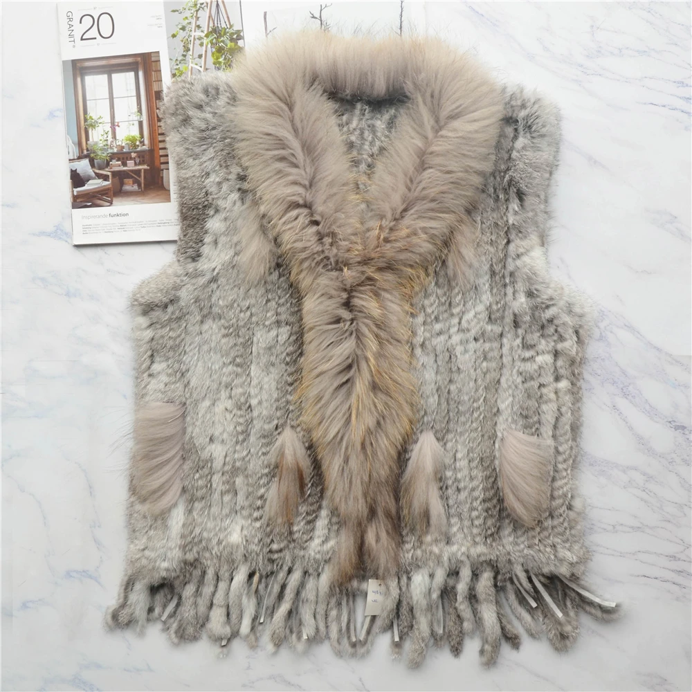 ผู้หญิงของแท้ขนสัตว์กระต่ายจริงเสื้อกั๊กเสื้อพู่ Raccoon ขนสัตว์เสื้อแจ็คเก็ตเสื้อกั๊กขายส่ง Drop Shipping
