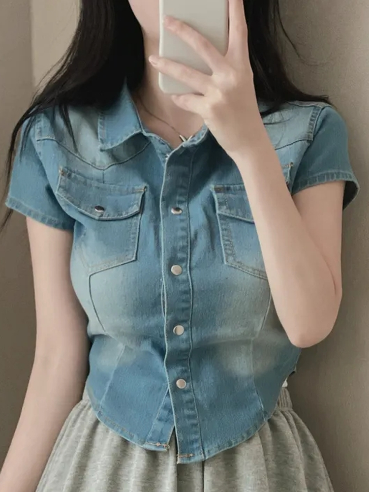Slim Fit Short Sleeve Polo Collar Denim Shirt Jacket Women's Thin Summer Vintage Turn Collar Single Button Short Length Small...