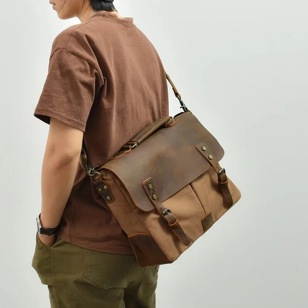High Quality Portable Briefcase Leather with Canvas American Retro Messenger Bag Shoulder Messenger Bag Multi-purpose