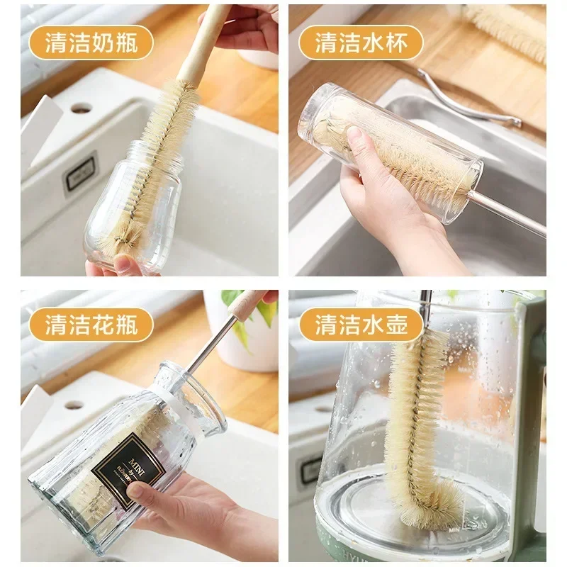 Limpiador de cepillo para botellas con mango largo de madera, cepillo de limpieza para botellas de agua, cerdas naturales, cepillo para botellas de cocina para jarra de tazas
