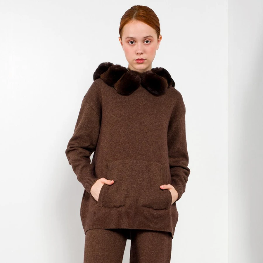 Suéter de punto de piel Real para mujer, jersey de moda de otoño e invierno, cuello de piel de conejo Rex Natural, Sudadera con capucha informal cálida