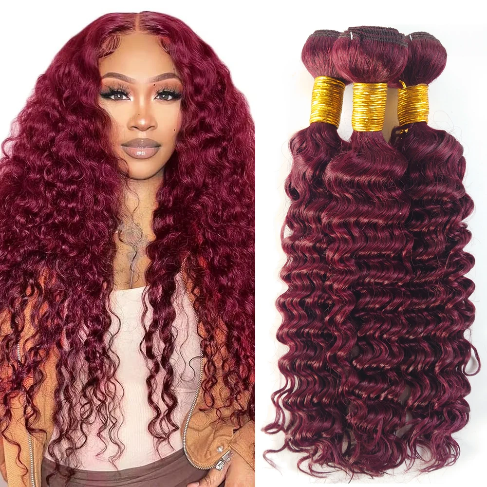 99j pacotes borgonha onda profunda pacotes de cabelo humano 26 28 30 polegada vinho tinto pacotes cabelo humano não processado cabelo virgem brasileiro