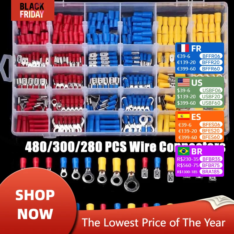 Conector de Cable aislado, engarce de Cable eléctrico, juego de horquilla de anillo a tope de pala,terminales eléctricos enrollados, Kit surtido