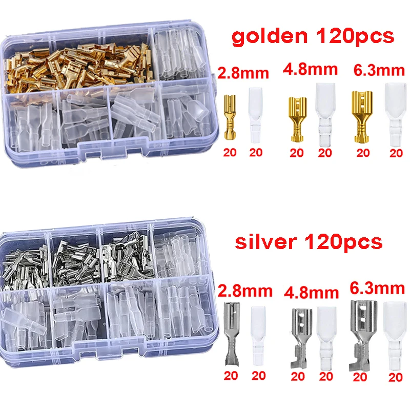 120 PCS Gold Silver Docking Terminal สาย Bare Terminal ฤดูใบไม้ผลิใส่ Sheath Terminal ชุดชายและหญิงคู่ Terminal กล่อง