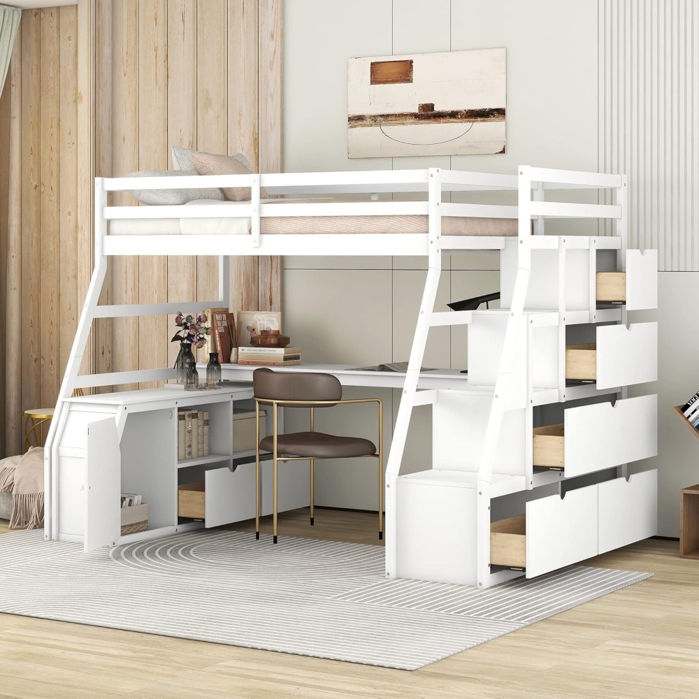 Twin Loft Bed. Twin Loft Bed with Stairs &Desk, Wood Loft Bed Frame with Storage Drawers and Cabinet,High Bed with Storage