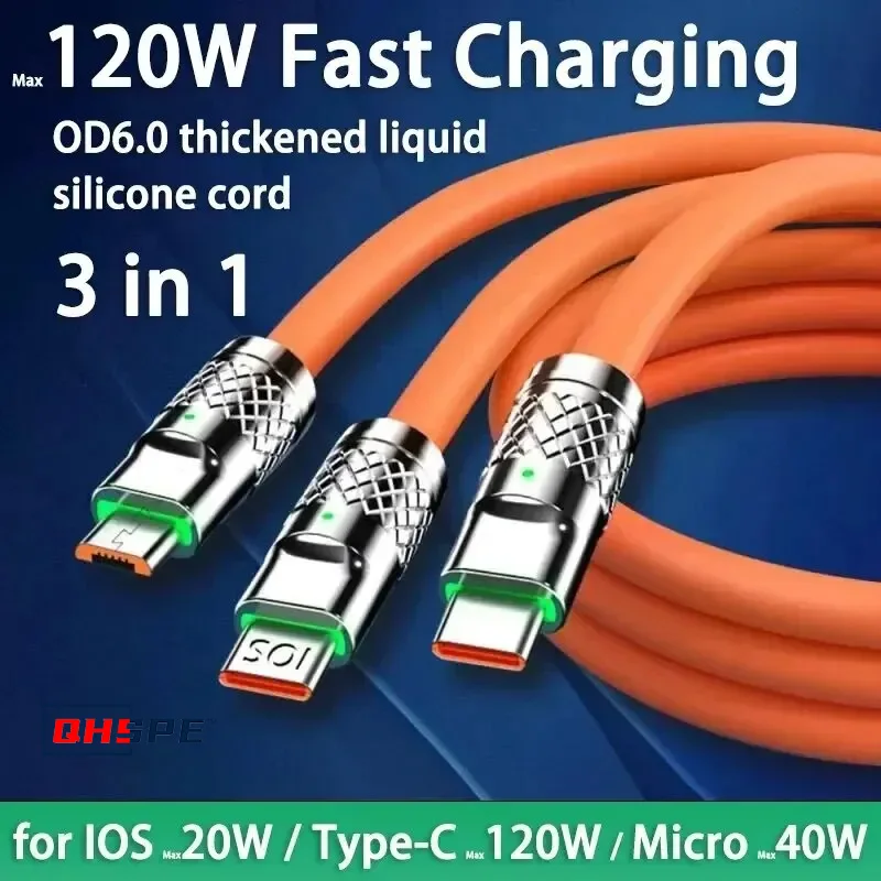 120W 6A Cable de carga rápida tipo C Micro3 en 1 Cable de carga Micro USB para iPhone Samsung Huawei Xiaomi Cable USB para cargador de teléfono