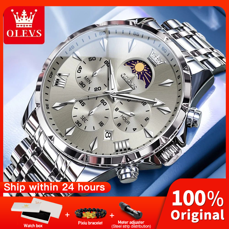 OLEVS 3653 Мужские часы Кварцевые часы Многофункциональные часы с хронографом для мужчин 30 м Водонепроницаемые светящиеся коробки с фазой Луны Оригинал