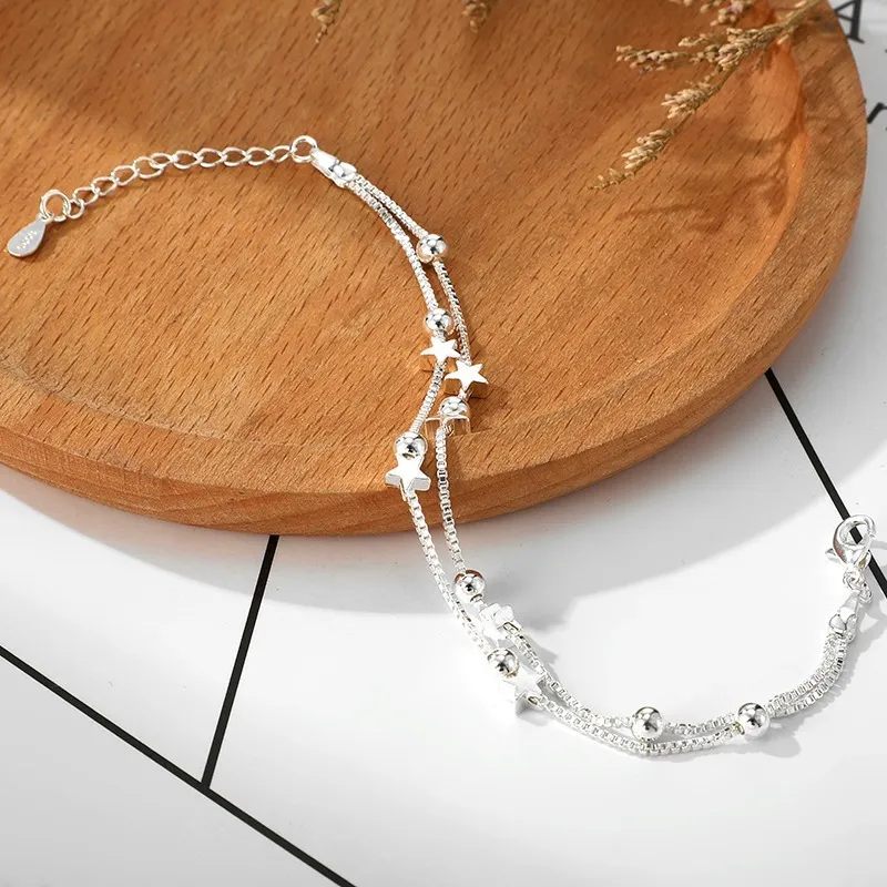 SAIYE, pulseras de plata de ley con cuentas de estrellas de doble capa para mujer, elegante pulsera con dije de cadena, regalo de fiesta de cumpleaños