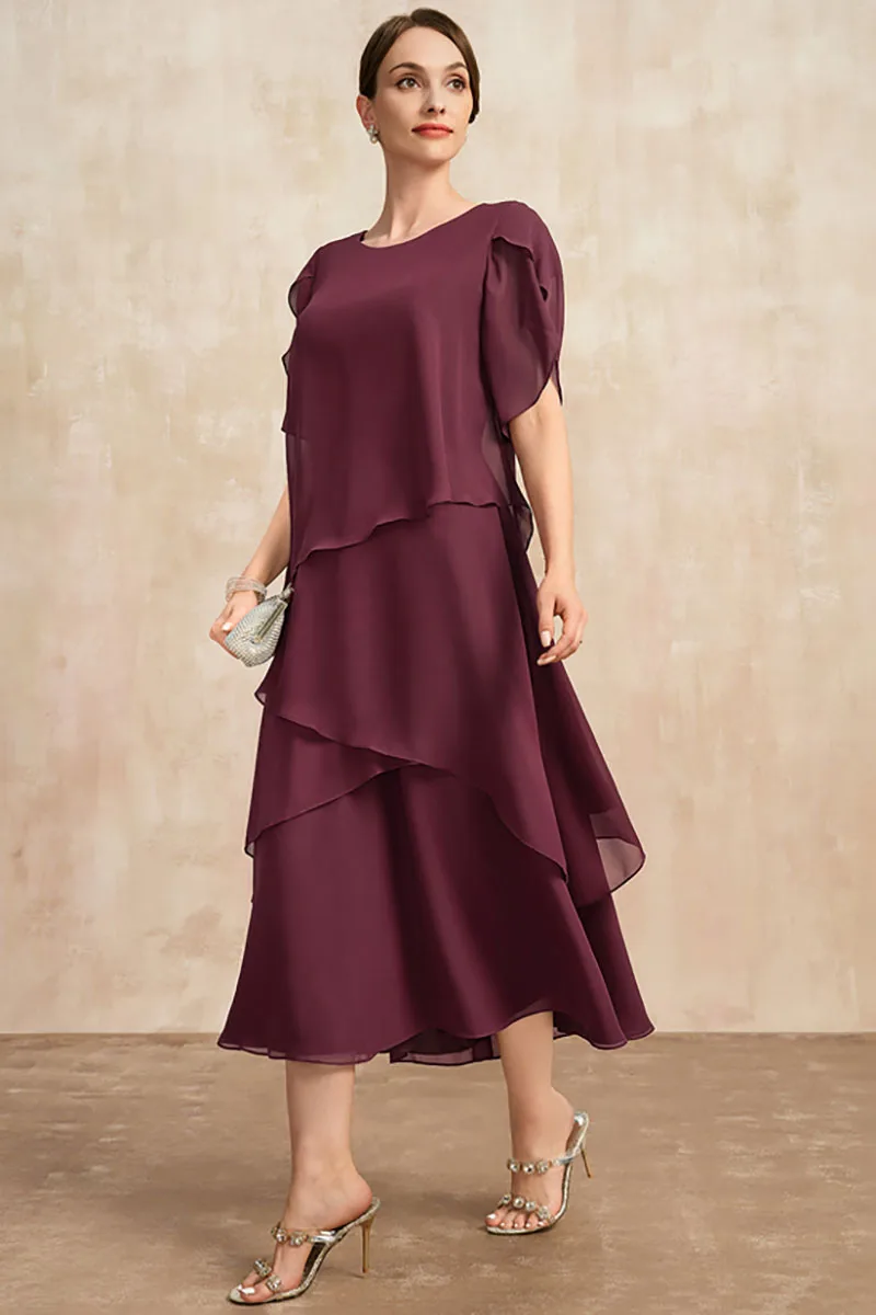 Frauen Plus Größe Chiffon Kleid Kurzarm Elegante Oansatz Solide Party Unregelmäßige Layered Blütenblatt Hülse Sommer Mode Maxi Kleid