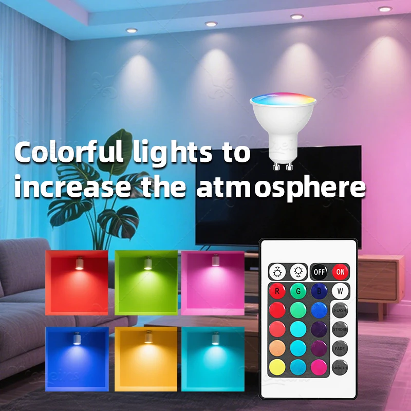 Lâmpada led rgb gu10 com controle remoto, 24 teclas, regulável, 6w, ac220v, 110v, mudança colorida para quarto, sala de estar
