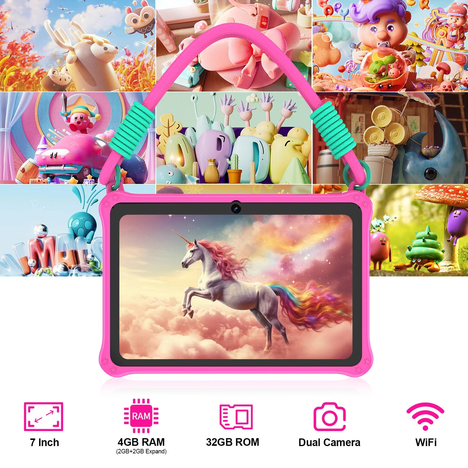 PRITOM Kinder-Tablet, 7 Zoll, Android 13, 4 GB (2 + 2 erweiterbar), RAM, 32 GB ROM, WiFi, Bluetooth, Lernsoftware, installiert mit Trageband