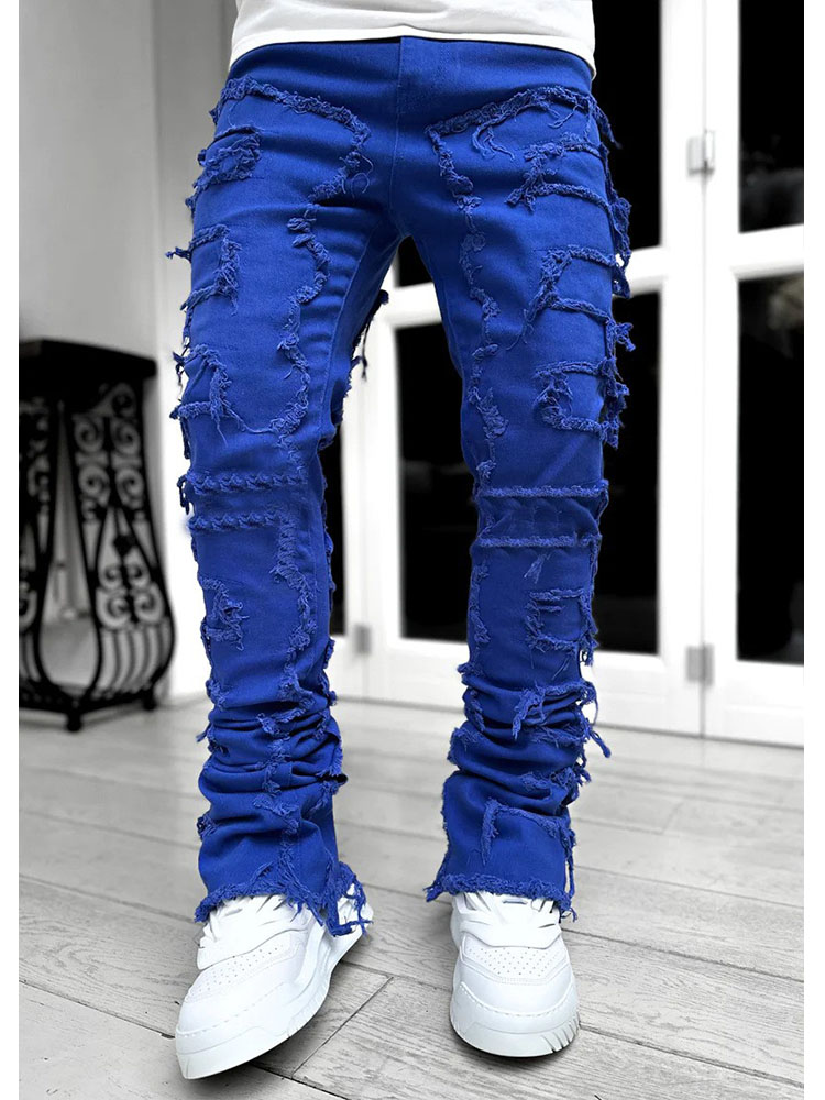 Men's Casual Distressed Jeans Tassels Patchwork Design Slim Fit Solid Color Stretch Denim Pants Straight Leg Streetwear Trousers