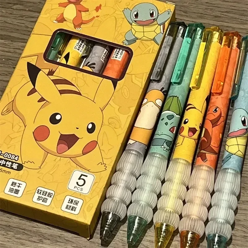 Stylo Gel Pokemon Pikachu, 5 pièces, dessin animé mignon, Charmander, écureuil, presse sur stylo Gel, papeterie fournitures scolaires, cadeaux de vacances
