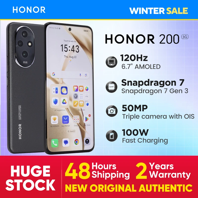 Versione globale Honor 200 Snapdragon 7 Gen 3 Schermo curvo da 6,7" 120Hz Batteria da 5200mAh Fotocamera da 50MP Dual SIM NFC Smartphone 5G
