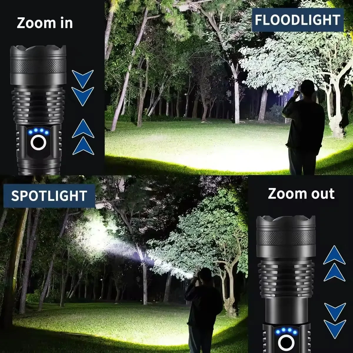 Potente linterna LED, recargable por USB, luz de mano, linterna con Zoom telescópico, linterna de pesca para acampar al aire libre
