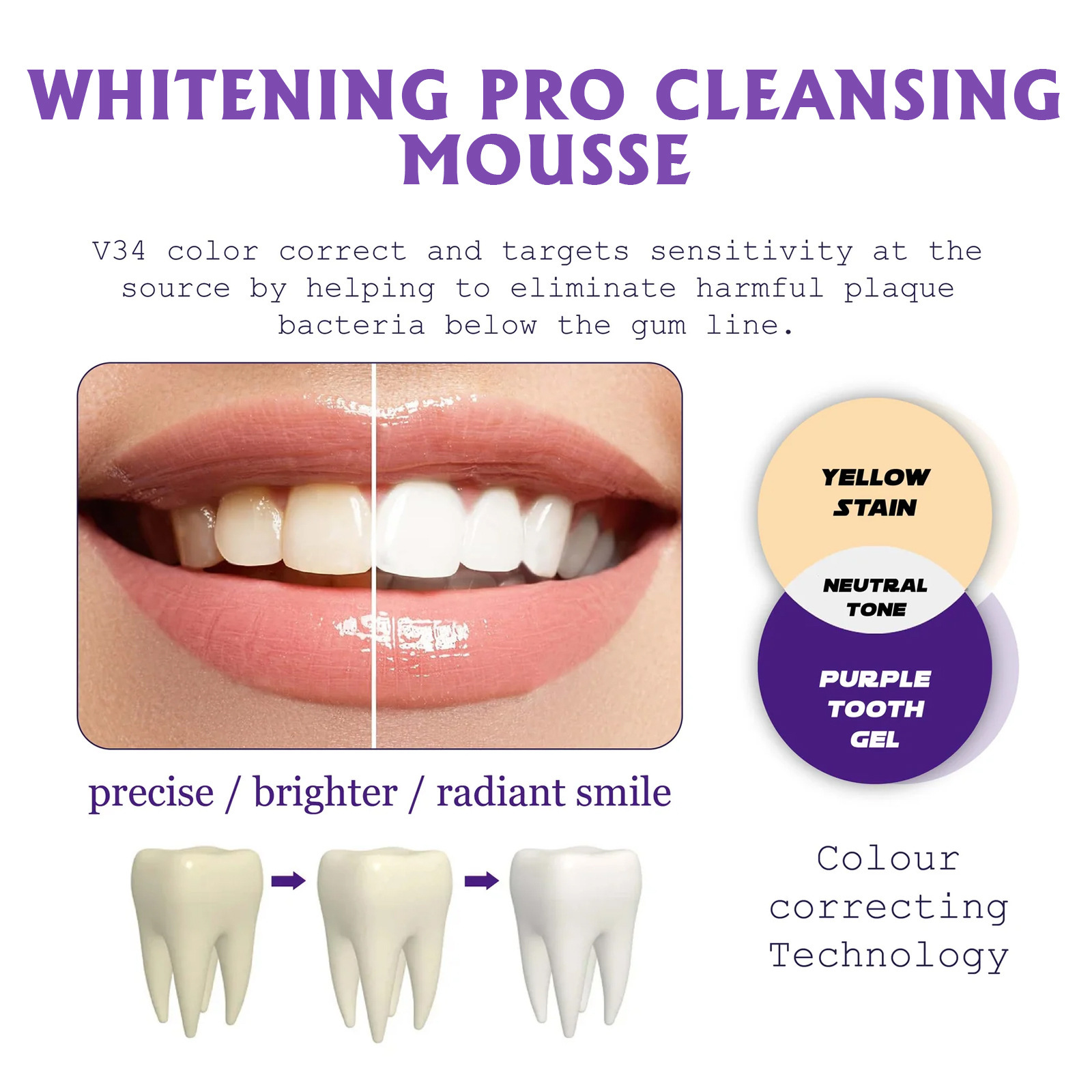 Purple Teeth Whitening Mousse Cleaning Dental Stain Removal Fresh Breath Repair Brightening Improve Yellow Teeth Color Corrector