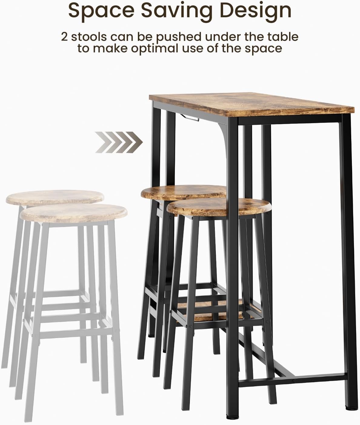 Juego de Mesa de Bar con taburetes para 2 Personas, Juego de Mesa de Pub con 2 estantes y Soporte para Cristal, Juego de Mesa de