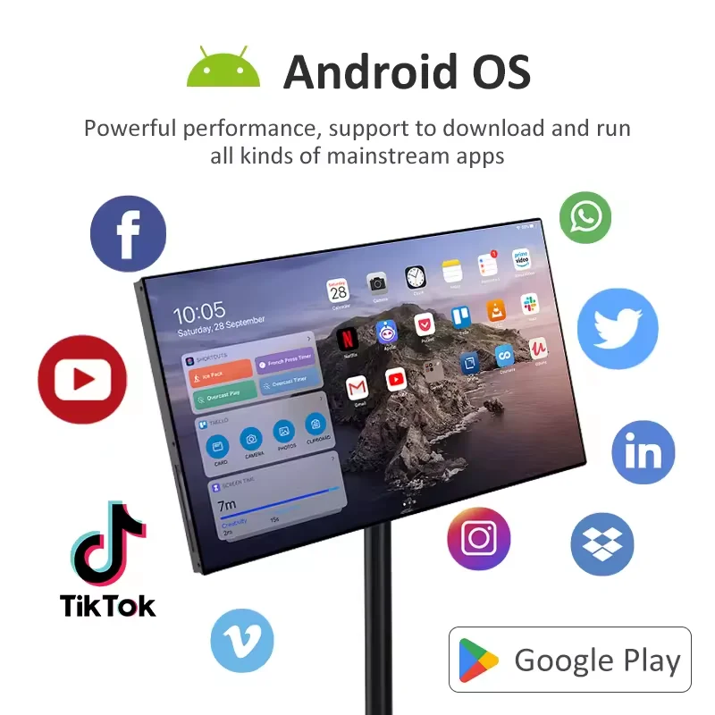 Support de sol Smart TV Android, écran tactile, vertical et paysage, soins des yeux, écran IPS, grande batterie, tablette intelligente à bord fin, 22 pouces