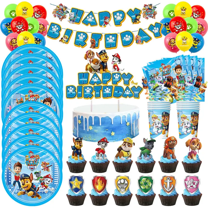 Paw Patrol Birthday Decorations Paw Patrol Tableware Plates Cups Balloons Banner Backdrop Cake Toppers Gift Bags Party Supplies