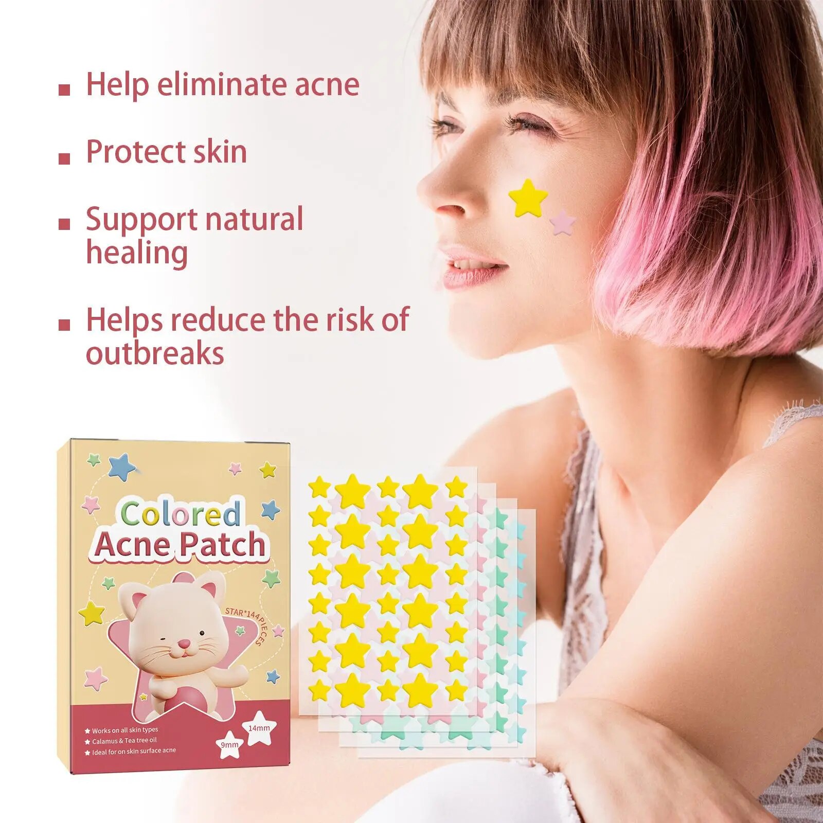 Star Acne Patch Fade Away, Pimple Marks, Poro limpo, Pele lisa, portátil, pentagrama colorido, 144pcs
