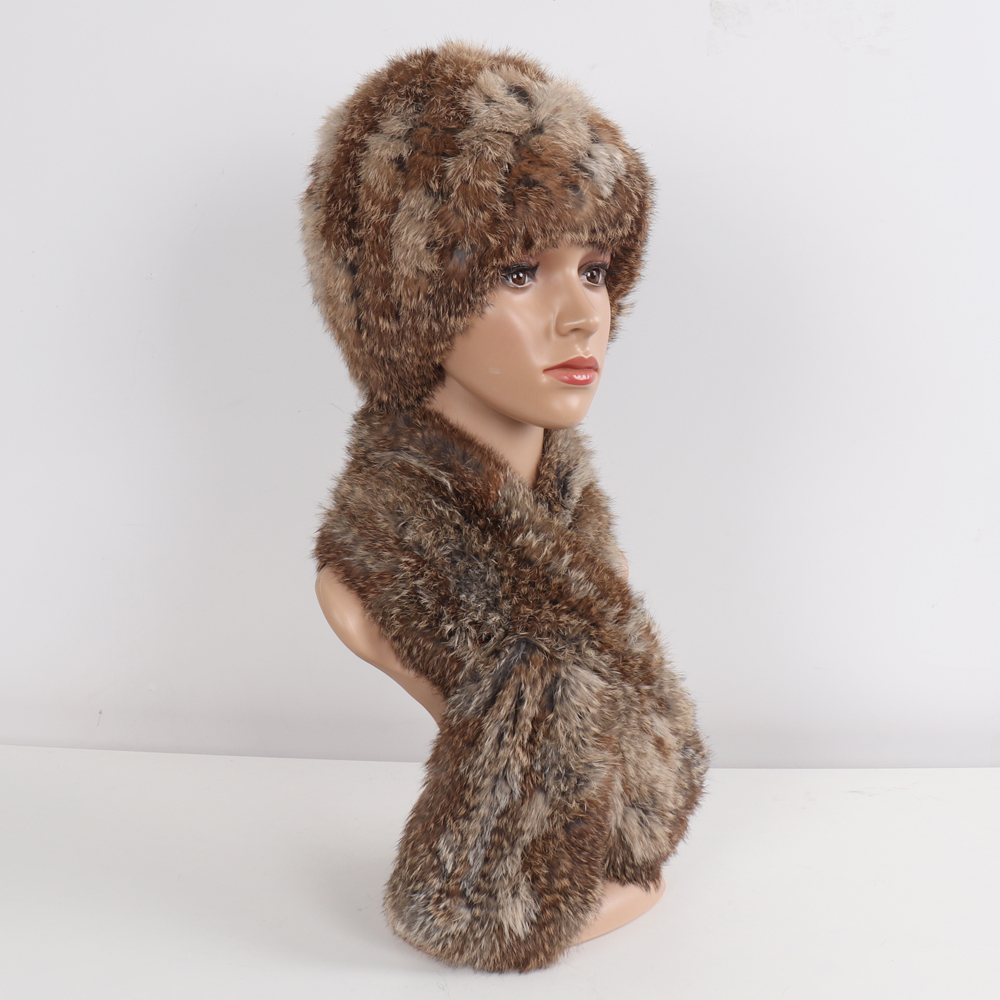 Hot Koop Vrouwen Winter Echt Konijnenbont Muts Sjaal Sets Natuurlijke Konijnenbont Muts Sjaals Dame Warm Echt Konijnenbont Cap Uitlaat 2-delig