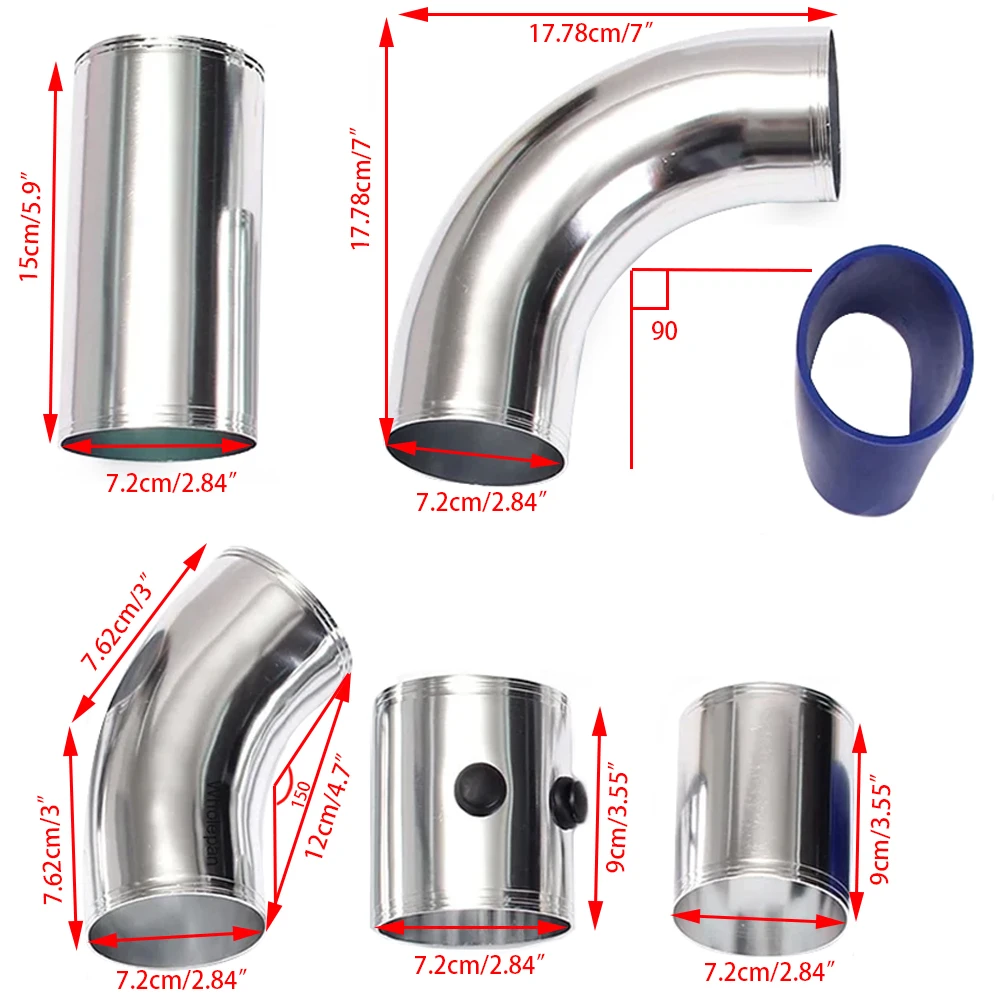 3" 76mm Universal Air Intake Pipe Aluminum alloy intake pipe Kit Turbo direct cold air Filter injection system