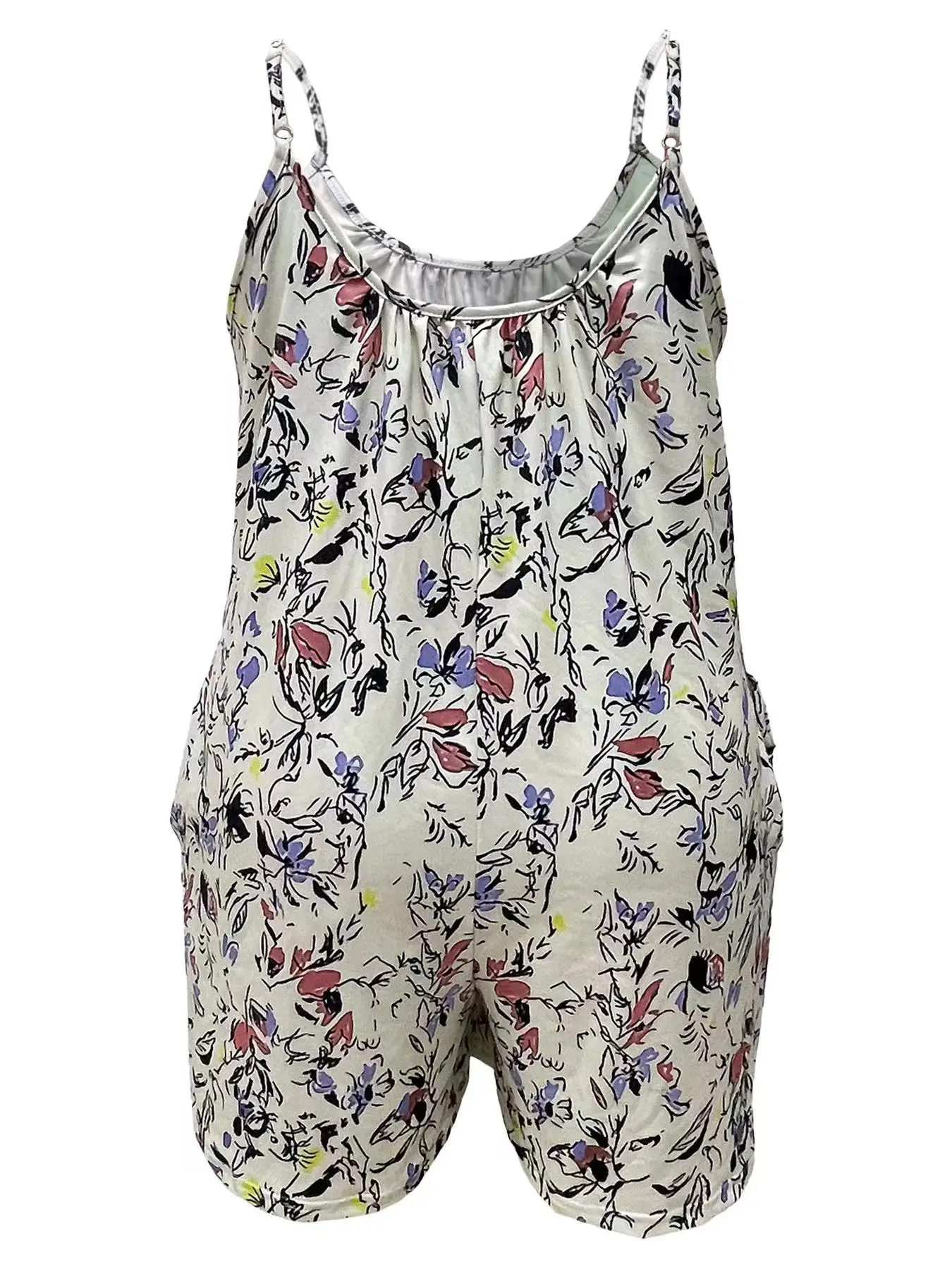 Cami-Strampler-Overall in Übergröße mit Allover-Print, lässiger, gerüschter, ärmelloser Strampler-Overall mit Tasche, Damen-Kleidung in Übergröße