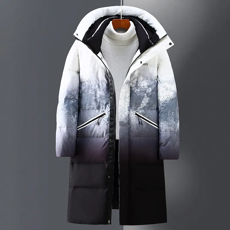 Chaqueta de plumón de invierno para hombre, Parka larga de moda con diseño Tie-dye grueso y cálido de plumón de pato blanco, abrigo con capucha a prueba de viento para viaje y esquí para mujer