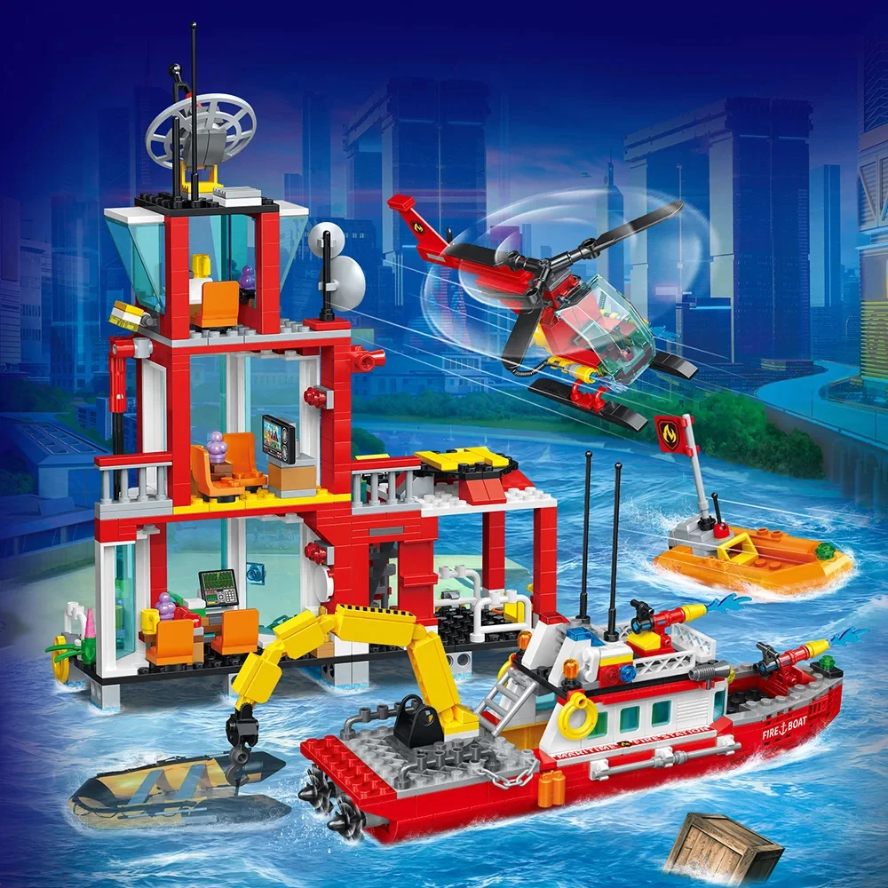 Estação de bombeiros cidade océanos blocos compatível conjunto de bombeiros com estação de bombeiros helicóptero barco de resgate de bombeiros