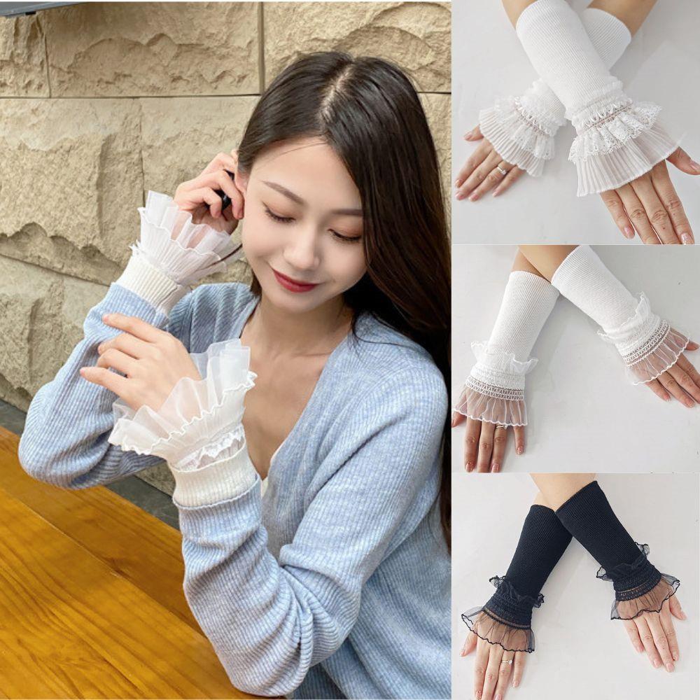 Manguito con volantes de encaje para mujer, manga larga elástica hasta el codo, mangas falsas desmontables, puños tejidos para muñeca, suéter de invierno, mangas decorativas