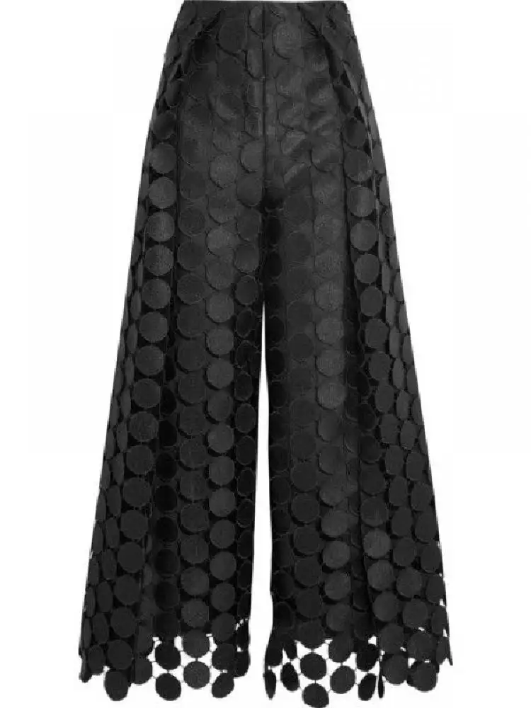 Yeezzi Frauen Mode Hohl Polka Dot Hohe Taille Breite Bein Hosen 2024 Neue Frühling Herbst Einfarbig Kausalen Büro Hosen