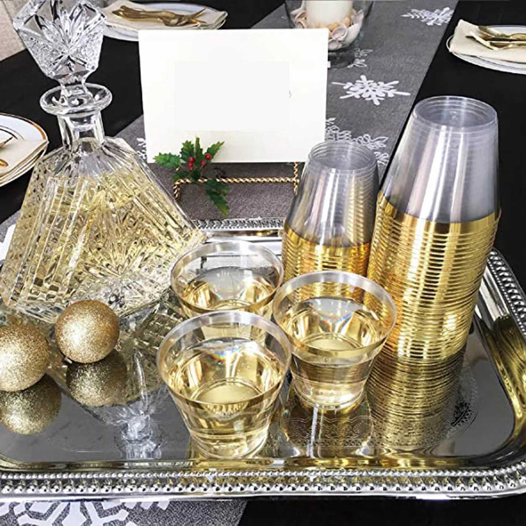 Vaso de plástico duro desechable, copa de vino de plástico transparente para fiesta, boda, borde plateado, 9 Oz