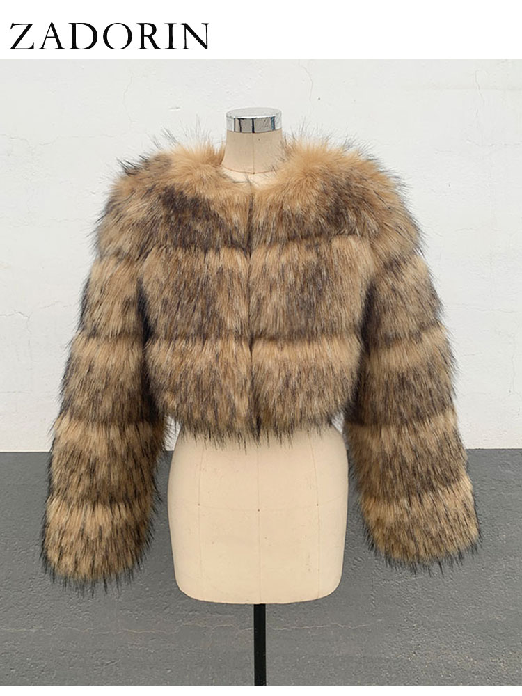 ZADORIN-Manteau court en fausse fourrure de raton laveur pour femme, col rond, manches longues, moelleux, veste courte en fausse fourrure, haut court, haute qualité, mode hivernale