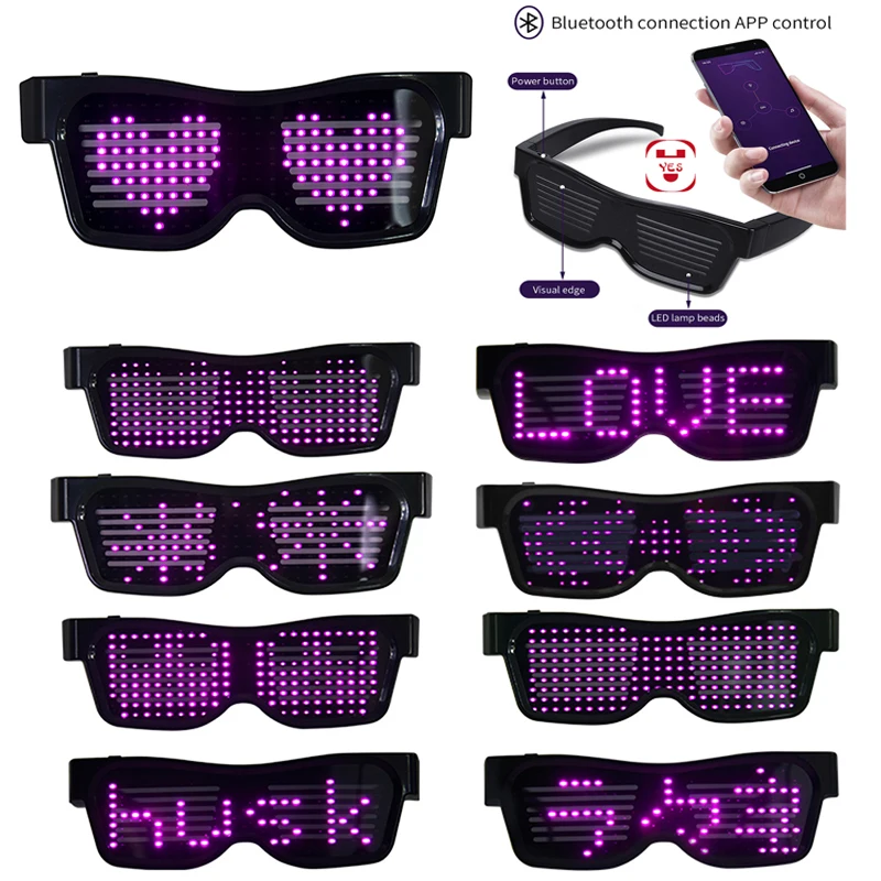 Multilingue LED Luminous Party Glasses, USB Charge, Piscando, Idiomas personalizados, Óculos, Feriado de Natal, Concert Sunglasses