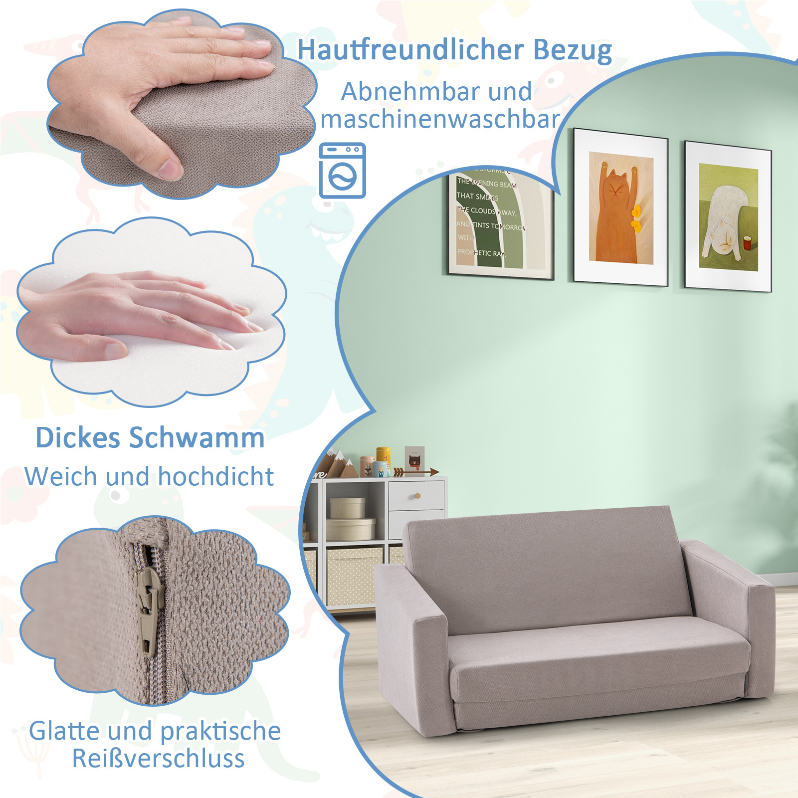 2 in 1 Kindersofa klappbar, Kindersessel gepolstert zum Ausklappen mit Samtstoff, Kindercouch Klappsofa umwandelbar