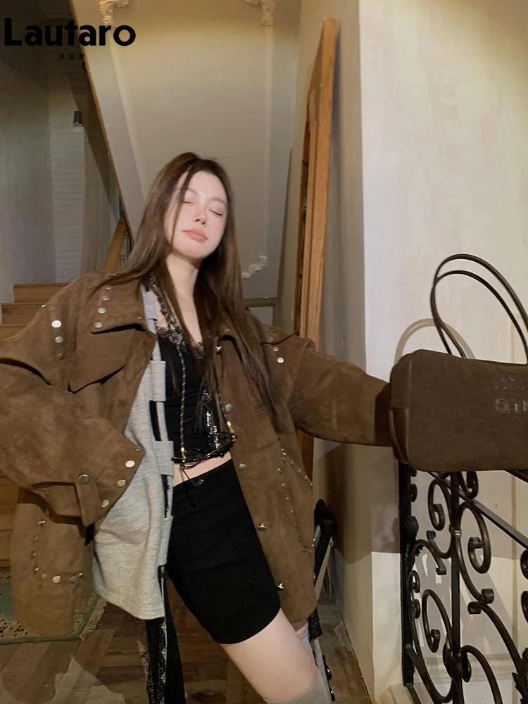 Lautaro Frühling Herbst Kühle Braun Übergroße Weiche Faux Wildleder Leder Jacke Frauen Niet Langarm Maillard Stil Retro Kleidung