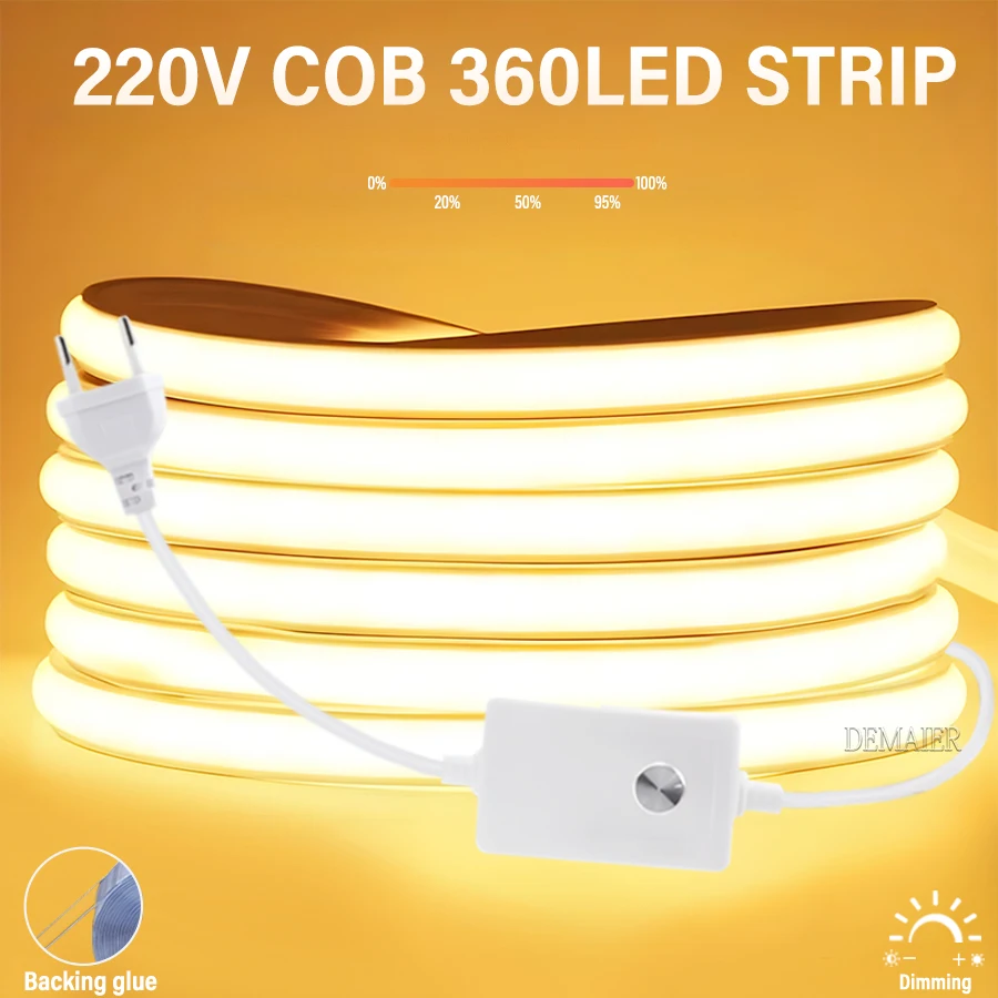 Tira de luces LED COB 360leds/M enchufe europeo de alto brillo 220V CRI RA90 impermeable al aire libre jardín FOB cinta LED para iluminación de dormitorio cocina