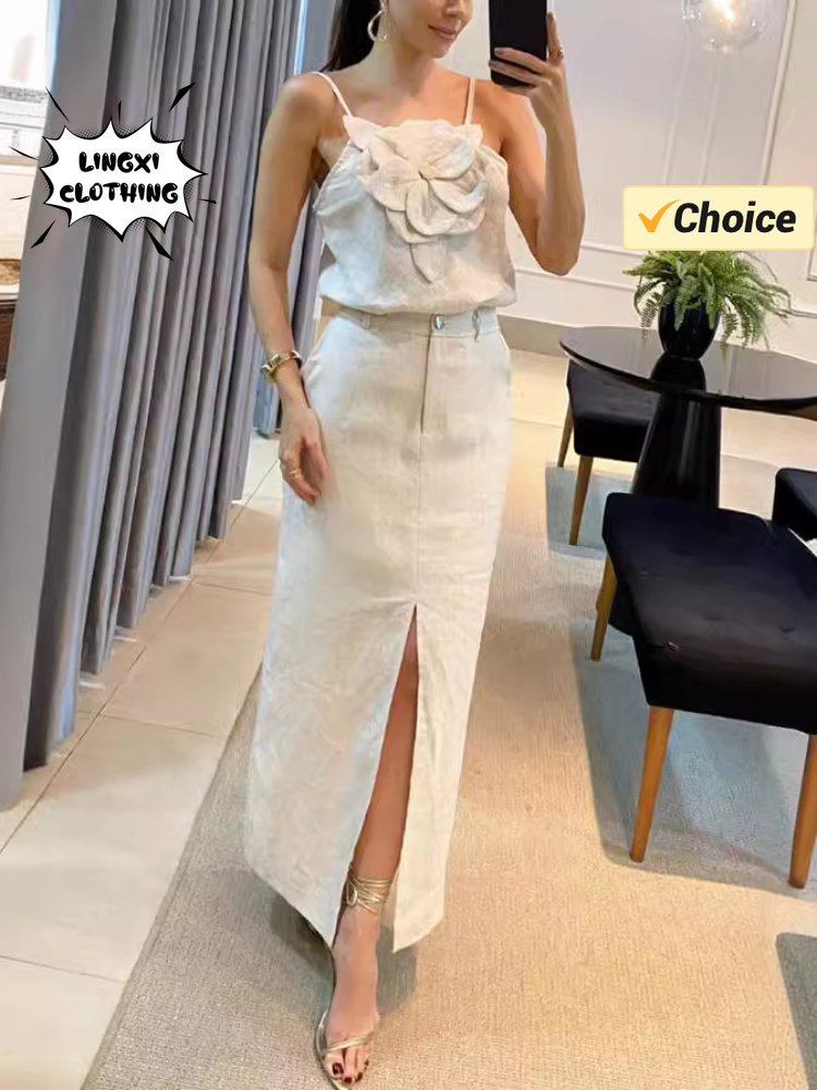 Conjunto de dos piezas de algodón y cáñamo para mujer, falda media falda con bolsillo superior y correa colgante de flores en 3D, moda de verano 2024
