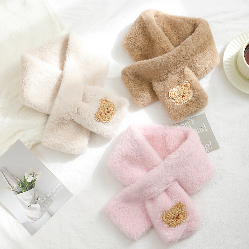 Корейский детский шарф с изображением медведя, зимний шарф с имитацией кроличьего меха, толстый теплый чехол на шею для мальчиков и девочек, уличный детский ветрозащитный шейный платок