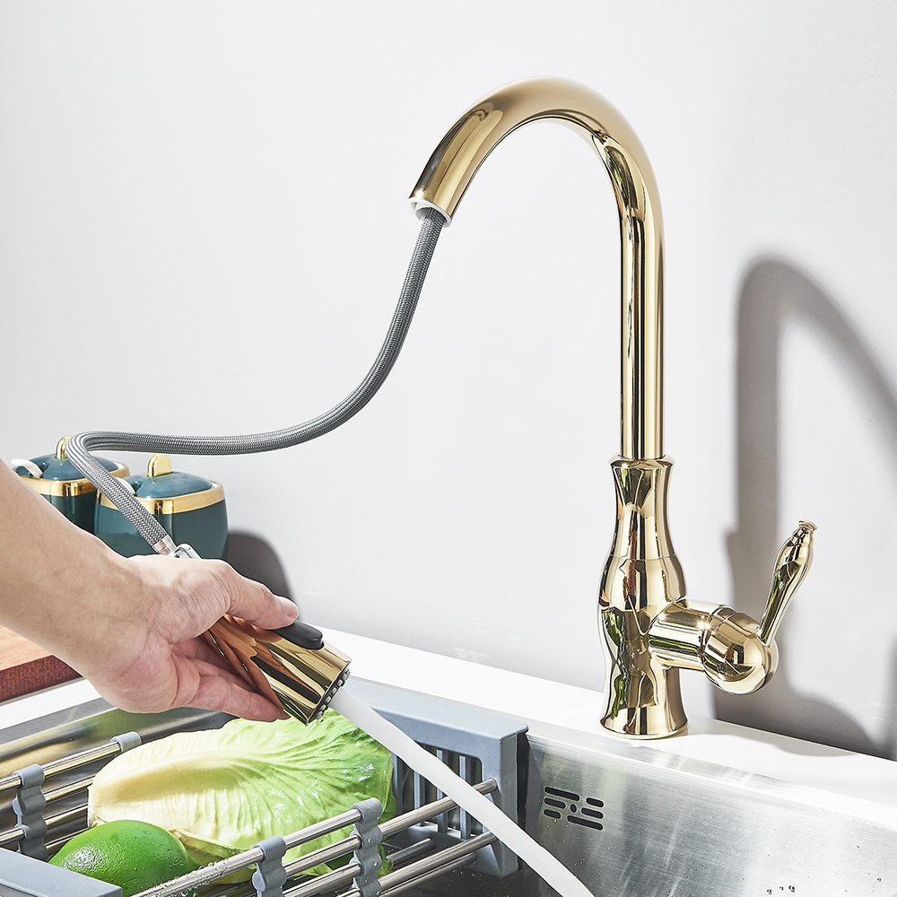 Uythner ouro polonês bico giratório torneira da pia da cozinha puxar para baixo pulverizador design de moda banheiro cozinha água quente e fria misturadora