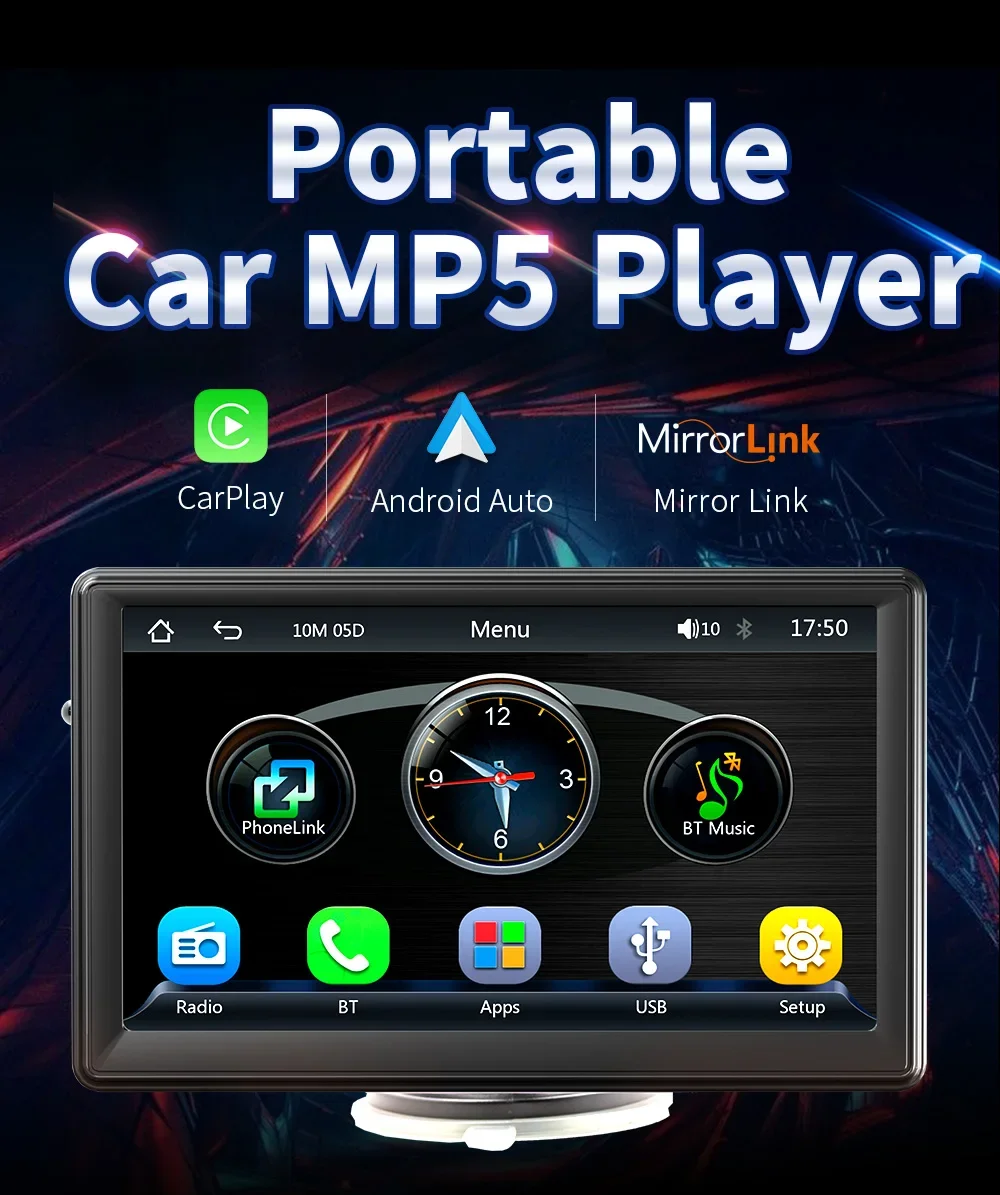 Universal 7inch Car Radio Multimedia Video Player Wireless Carplay And Wireless Android Auto Touch Screen Sun Visor B500