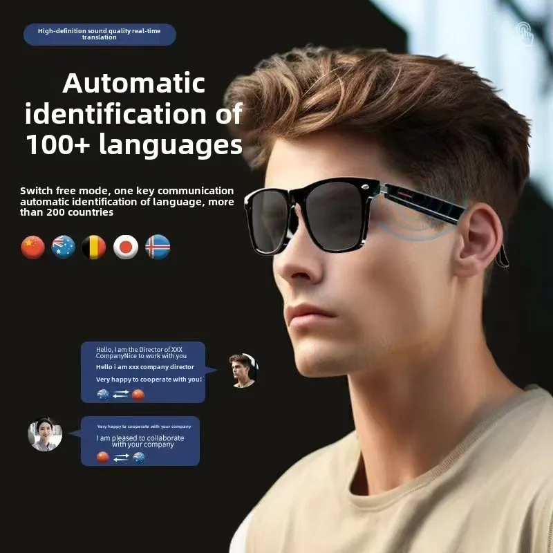 Óculos inteligentes Óculos de tradução AI com tradução em tempo real em mais de 100 idiomas Microfone embutido de música Bluetooth