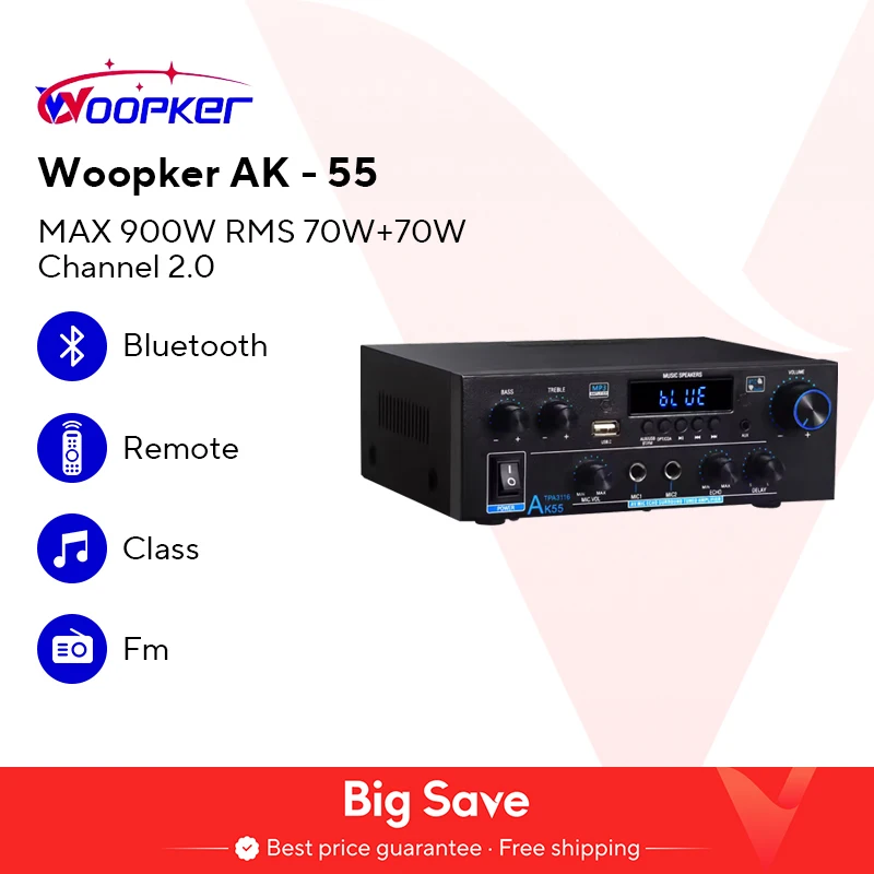 Woopker-AMPLIFICADOR AK55 de 900W, reproductor de música de Karaoke con 2,0 V, 110V y 12V, máx., 220 canales nominal de 70W + 70W, Bluetooth, Audio Hifi