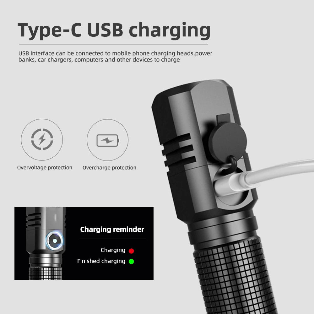 MINI linterna LED XHP50 superbrillante, linterna USB recargable con Zoom para pesca, potente lámpara de Camping con 3 modos de iluminación