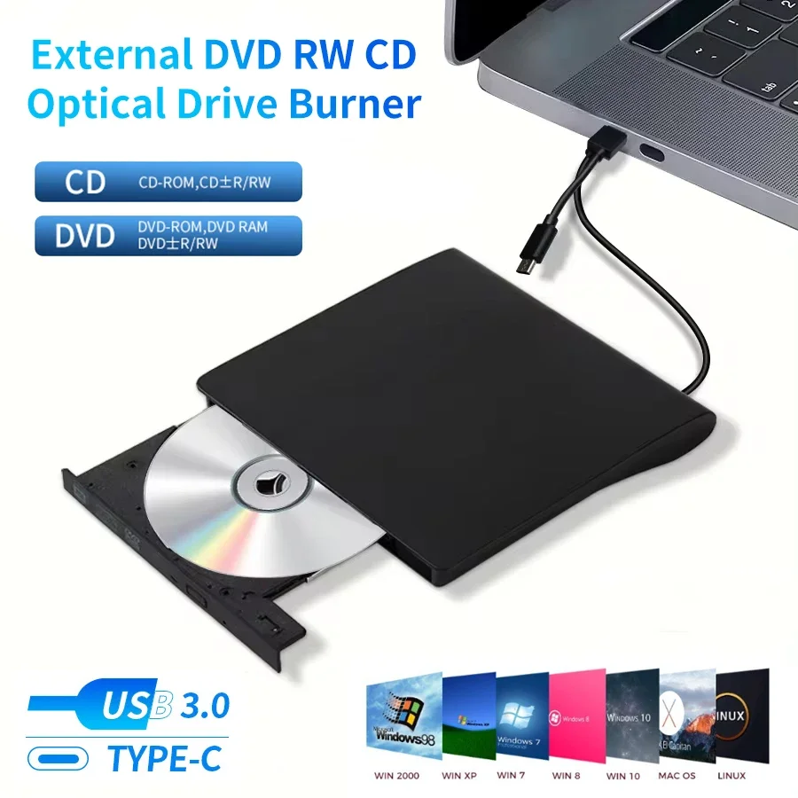 USB 3.0 Typ-C Externer DVD-Brenner Optisches Laufwerk RW CD DVD-ROM Schreibgerät Leser Player Tragbarer DVD-Recorder für PC Laptop