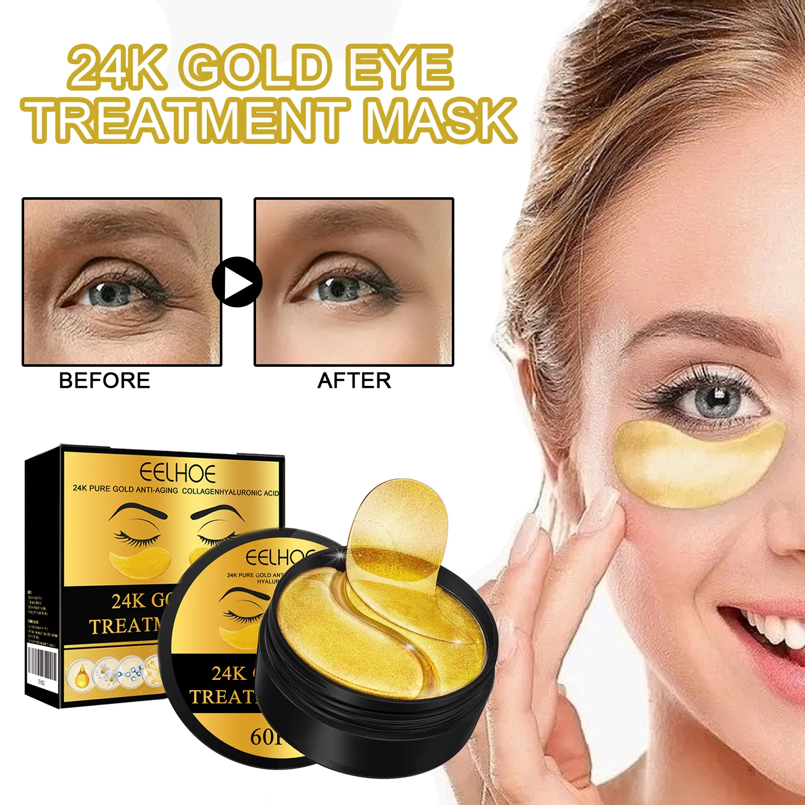 Eelhoe 24k ouro sob os olhos remendos 60 pçs máscara de olho ouro puro anti-envelhecimento colágeno ácido hialurônico sob máscara de olho
