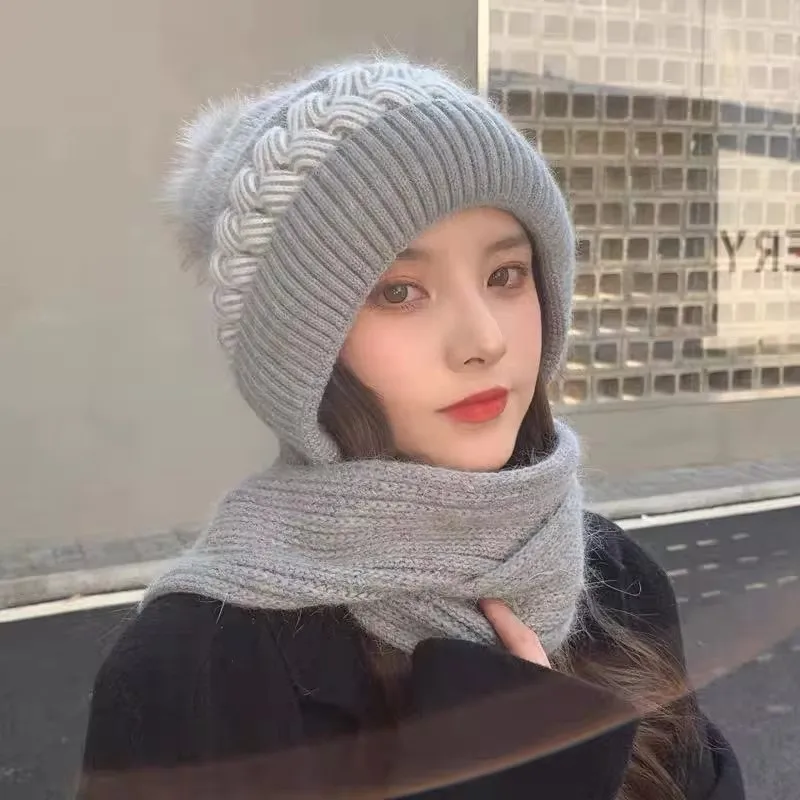 Gorro bufanda todo en uno para mujer, gorro tejido con pelo de conejo cálido para invierno, protección para los oídos para ciclismo, gorro acolchado bonito a prueba de frío para el cuello