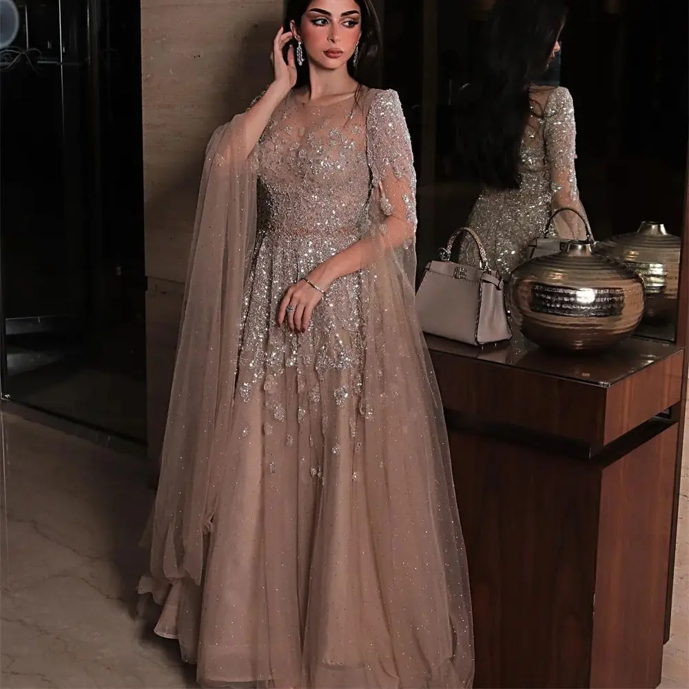 Aangepaste vleermuismouwen A-lijn avondjurken Glanzende tule pailletten applique Prachtige galajurk Elegante feestjurk