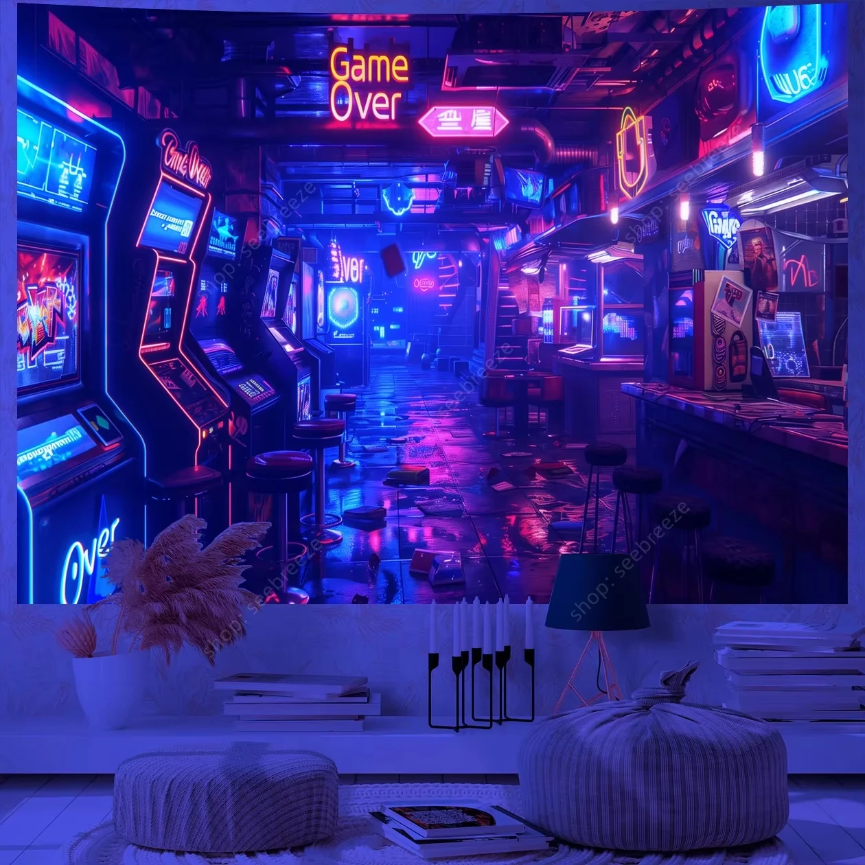 Game Over Game Zone UV Reactive Tapestry E-Sports Room Game Controller Tapestry Wall Hanging Neon Backdrop Dorm Bedroom Decor