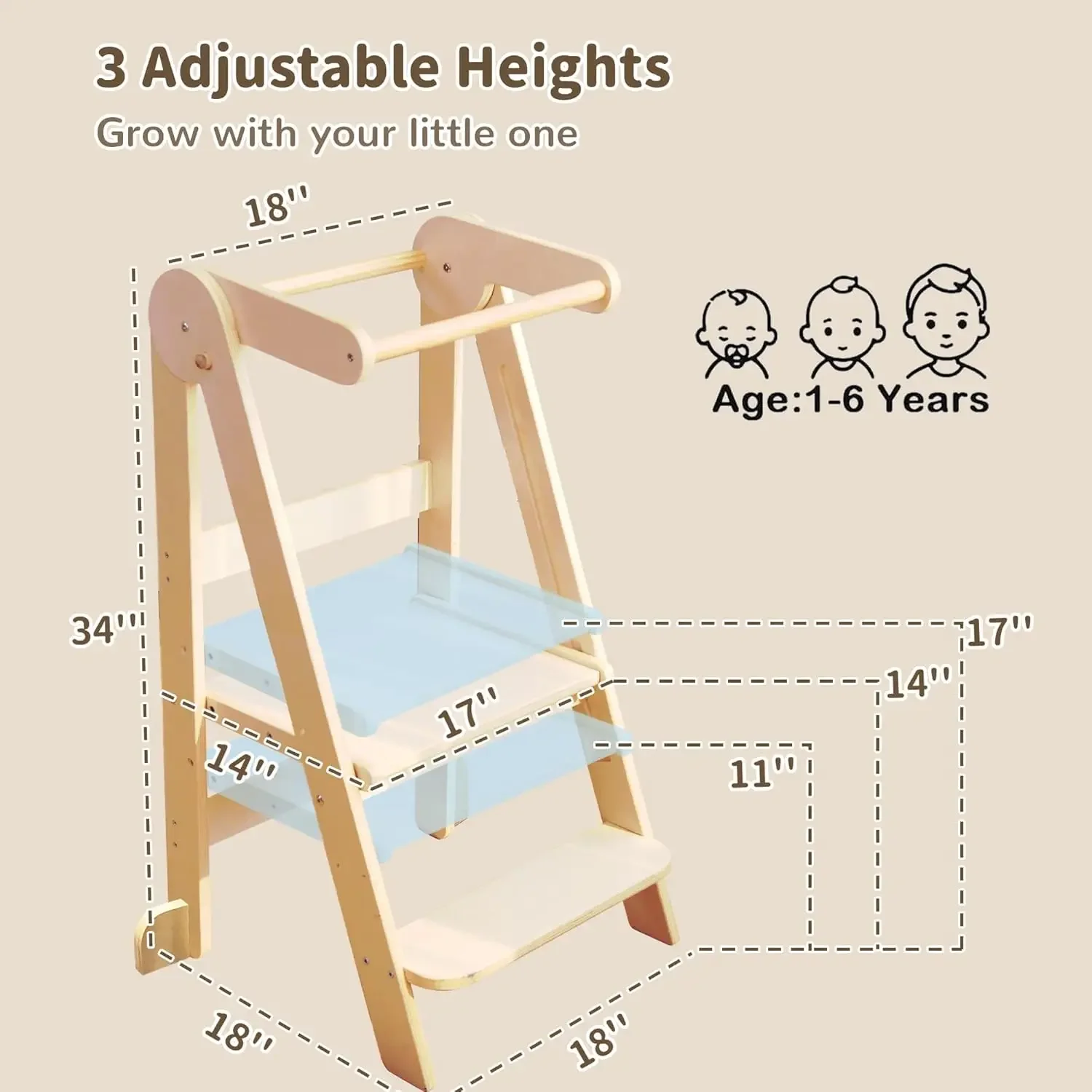 幼児タワー 3-in-1 調節可能なモンテッソーリ学習タワー |   キッチン用折りたたみ式踏み台 |   天然木（1～6年）